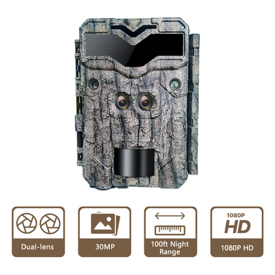 Fotocamera da caccia KW698A a doppio obiettivo 1080P 30MP impermeabile IP67 fino a 512GB di archiviazione visione notturna 0,25s trigger game camera