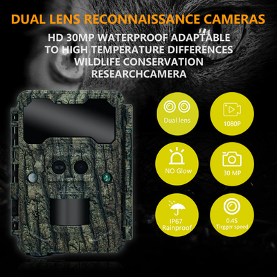Fotocamera da caccia all'aperto KW696 a doppia lente 30MP impermeabile IP67 visione notturna 1080p fino a 512GB di archiviazione fotocamera senza traccia luminosa