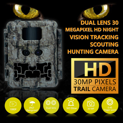 30MP No-Glow LED Trail Camera per gioco di caccia di visione notturna con video 1080P e capacità di scheda di memoria 512GB