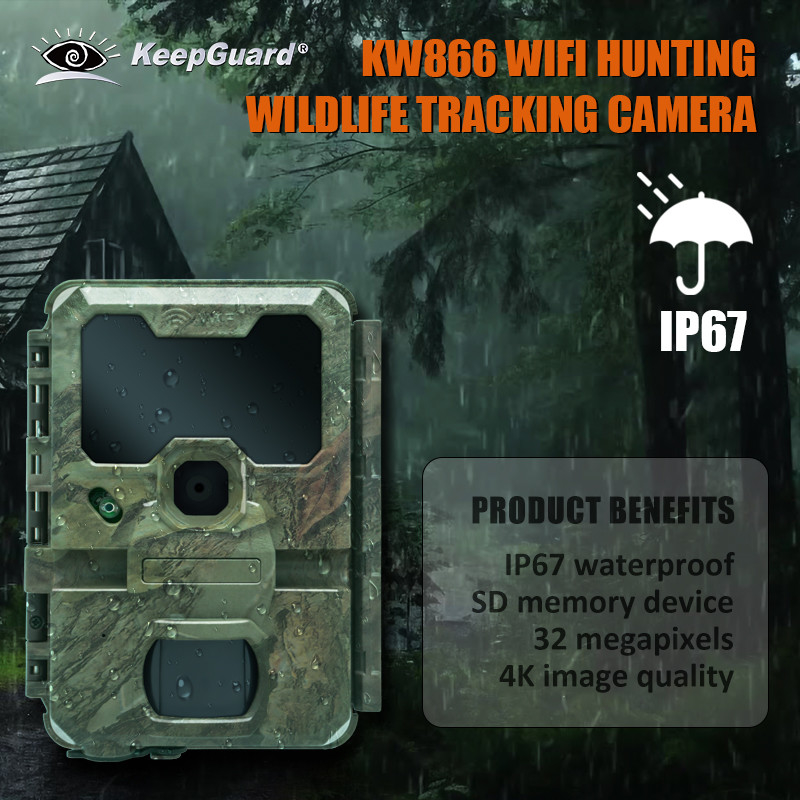 KW866 WIFI Percorso di caccia alla fauna selvatica Fotocamera impermeabile IP67 OEM/ODM 512GB Memoria SD 32MP 4K facile da usare