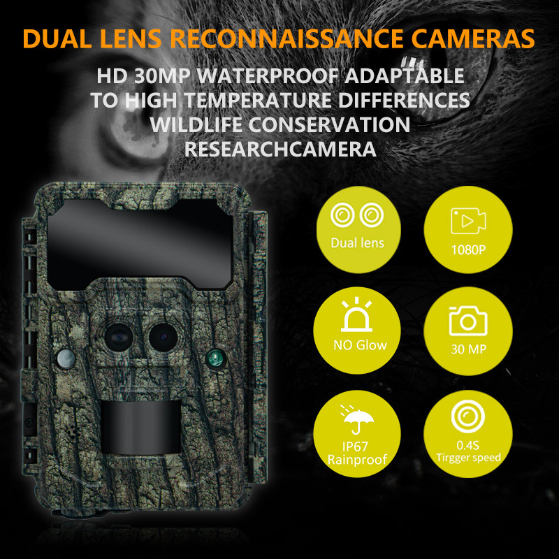 KW696 fotocamera per la caccia all'aria aperta di animali selvatici a doppia lente 30MP senza luce fotocamera di traccia 1080p visione notturna 512G fotocamera a infrarossi forestale