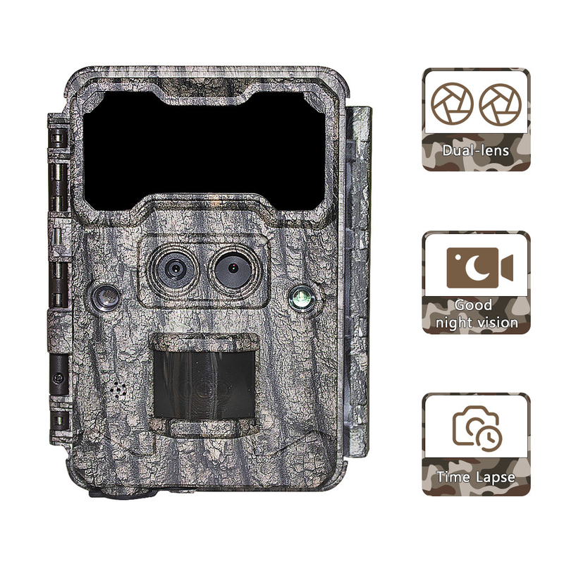 Fotocamera da caccia all'aperto KW696 a doppia lente 30MP impermeabile IP67 visione notturna 1080p fino a 512GB di archiviazione fotocamera senza traccia luminosa