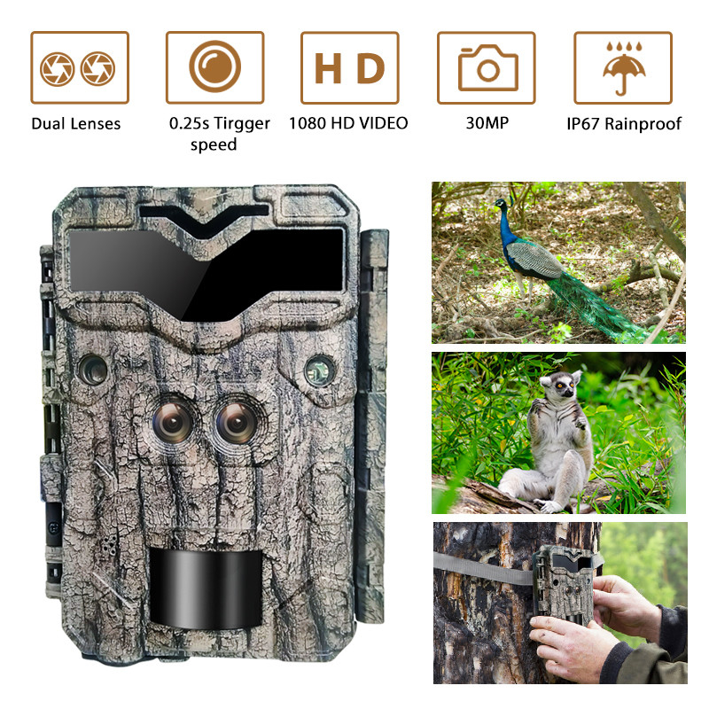 Telecamera di caccia di sorveglianza KW698A con doppio obiettivo 1080P 30MP impermeabile IP67 fino a 512GB visione notturna 0,25s
