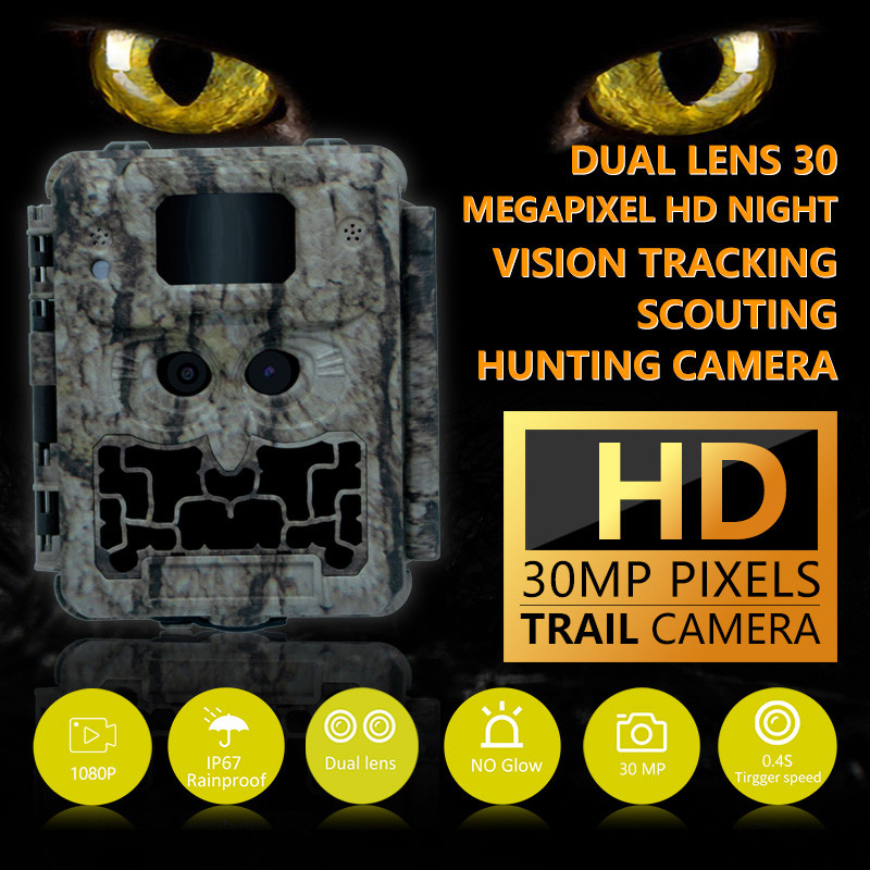 30MP No-Glow LED Trail Camera per gioco di caccia di visione notturna con video 1080P e capacità di scheda di memoria 512GB