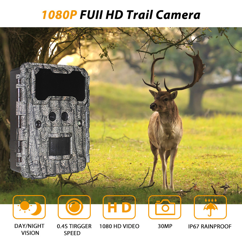 Fotocamere da caccia HD da 30MP con visione notturna LED senza lucentezza e funzione PIR per la sorveglianza della fauna selvatica