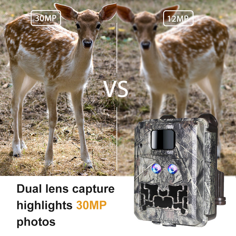 Fotocamera nascosta con doppia lente KW591 impermeabile IP67 30MP 1080P 0.4s Velocità di attivazione visione notturna fino a 512GB per la ricerca sulla fauna selvatica